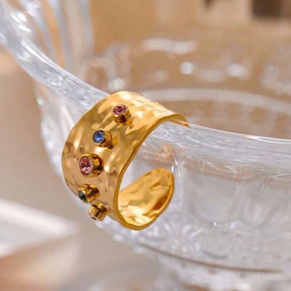 New 18KG FP Cubic Zirconia Rainbow Textured Gold Plated Open Cuff Cocktail Ring - Picture 8 of 15